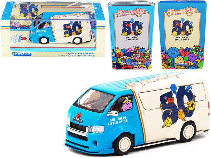 Toyota Hiace Widebody Van "Mr. Men Little Miss 50th Anniversary" (1971-2021) with METAL OIL CAN 1/64 Diecast Model Car by Tarmac Works-DiecastModeler.com