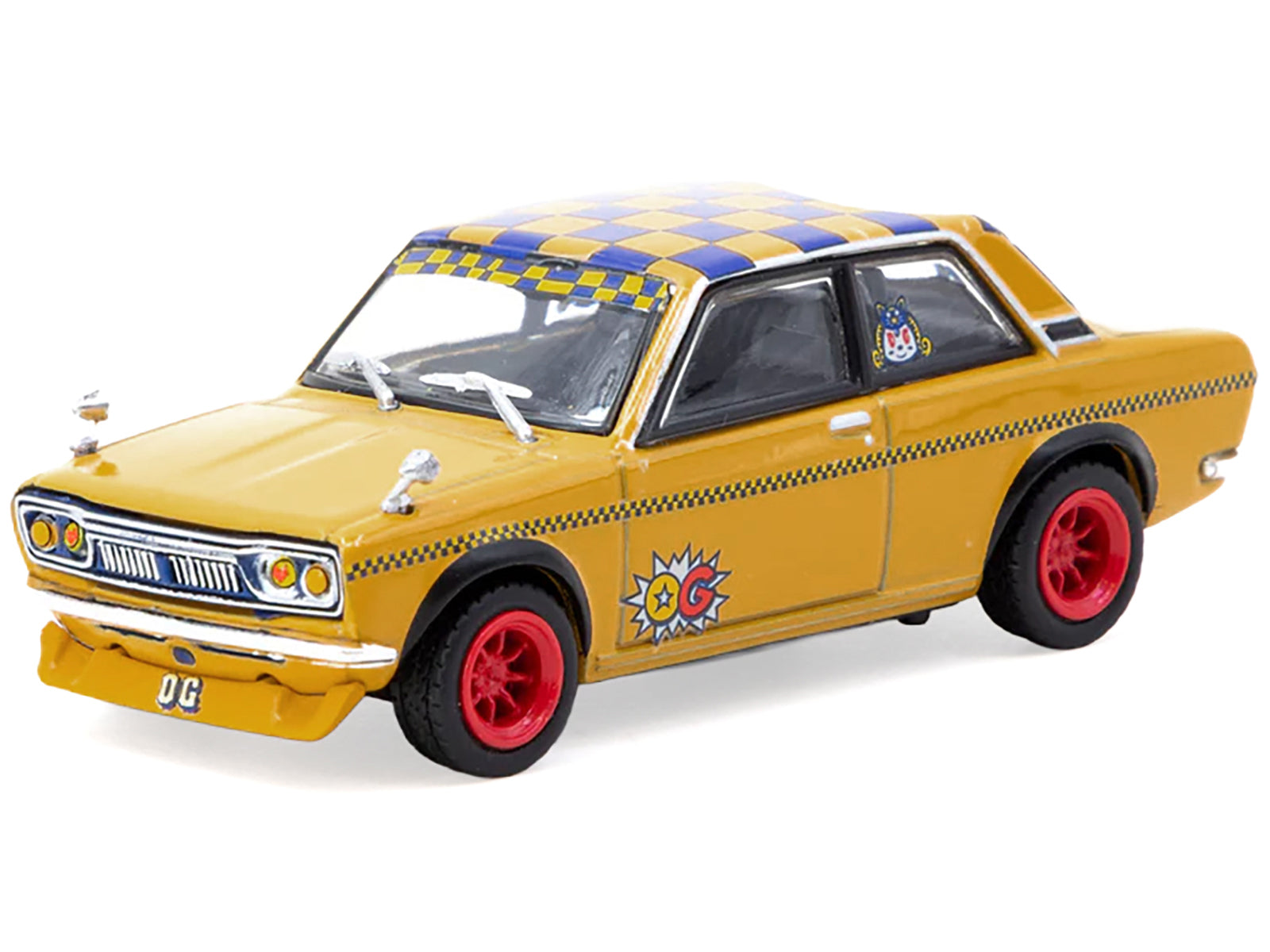 Datsun 510 "OG Beer" Yellow with Checkered Top "Hobby64" Series 1/64 Diecast Model Car by Tarmac Works-DiecastModeler.com