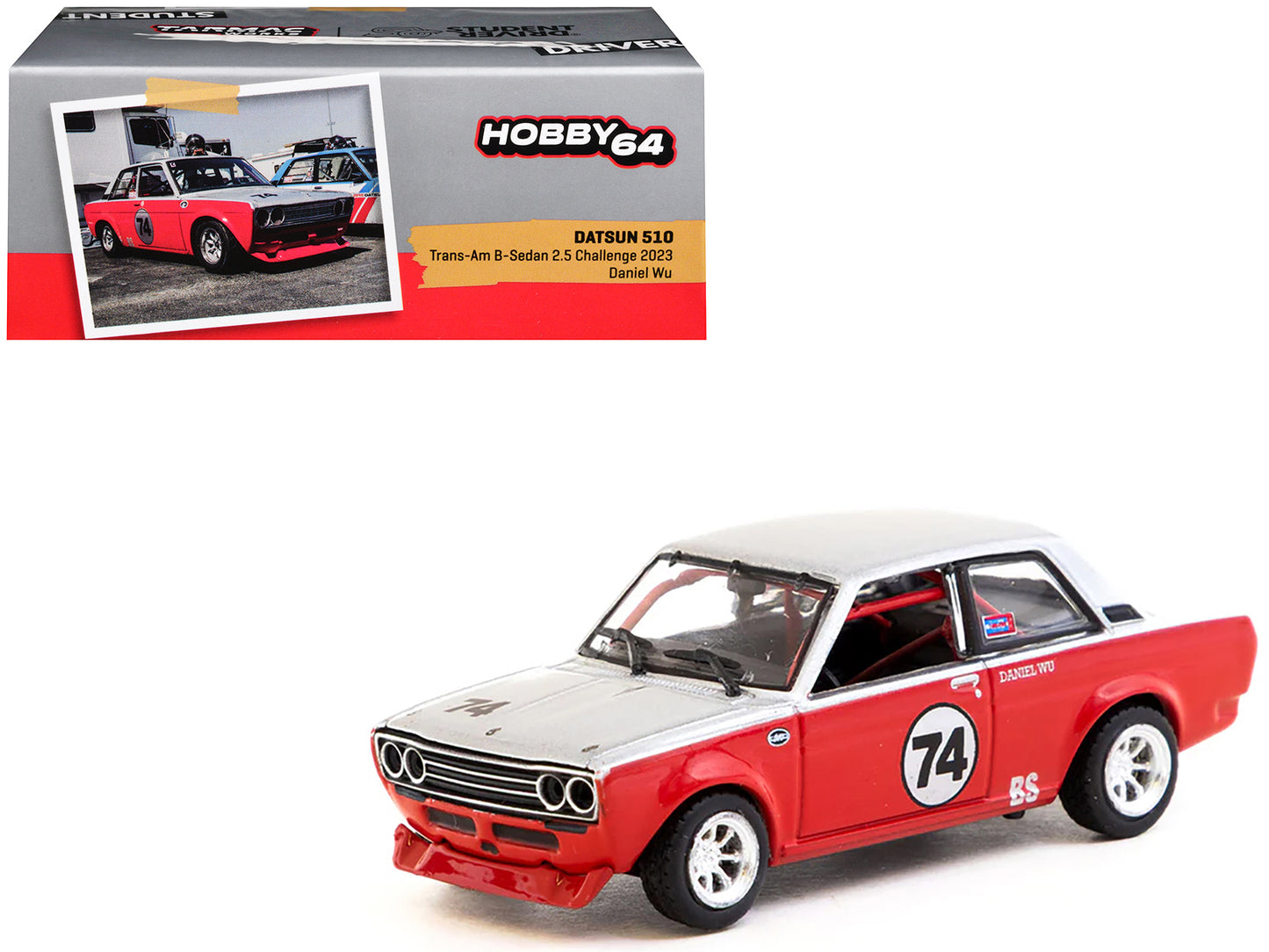 Datsun 510 #74 Daniel Wu "Trans-Am B-Sedan 2.5 Challenge" (2023) Silver and Red "Hobby64" Series 1/64 Diecast Model Car by Tarmac Works