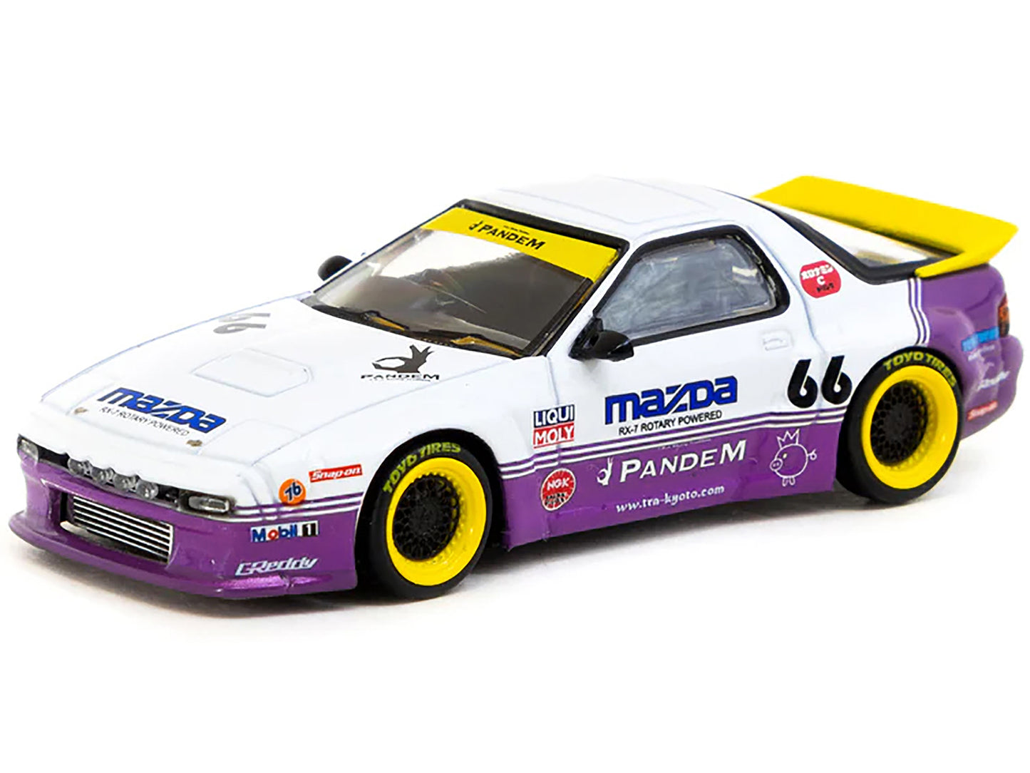 Mazda RX-7 FC3S Pandem RHD (Right Hand Drive) #66 White and Purple with Graphics "Hobby64" Series 1/64 Diecast Model Car by Tarmac Works-DiecastModeler.com