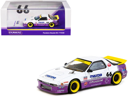 Mazda RX-7 FC3S Pandem RHD (Right Hand Drive) #66 White and Purple with Graphics "Hobby64" Series 1/64 Diecast Model Car by Tarmac Works-DiecastModeler.com
