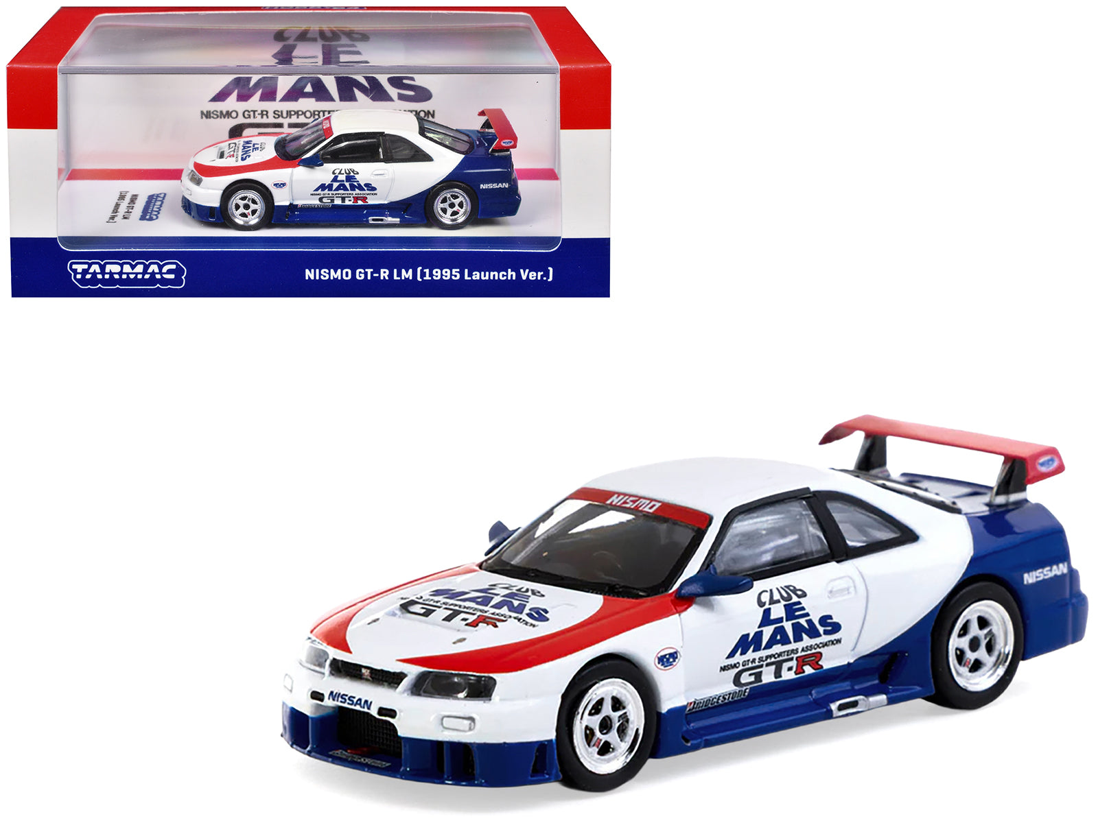 Nissan Nismo GT-R LM RHD (Right Hand Drive) "1995 Launch Version" White with Red and Blue Accents "Hobby64" Series 1/64 Diecast Model Car by Tarmac Works-DiecastModeler.com
