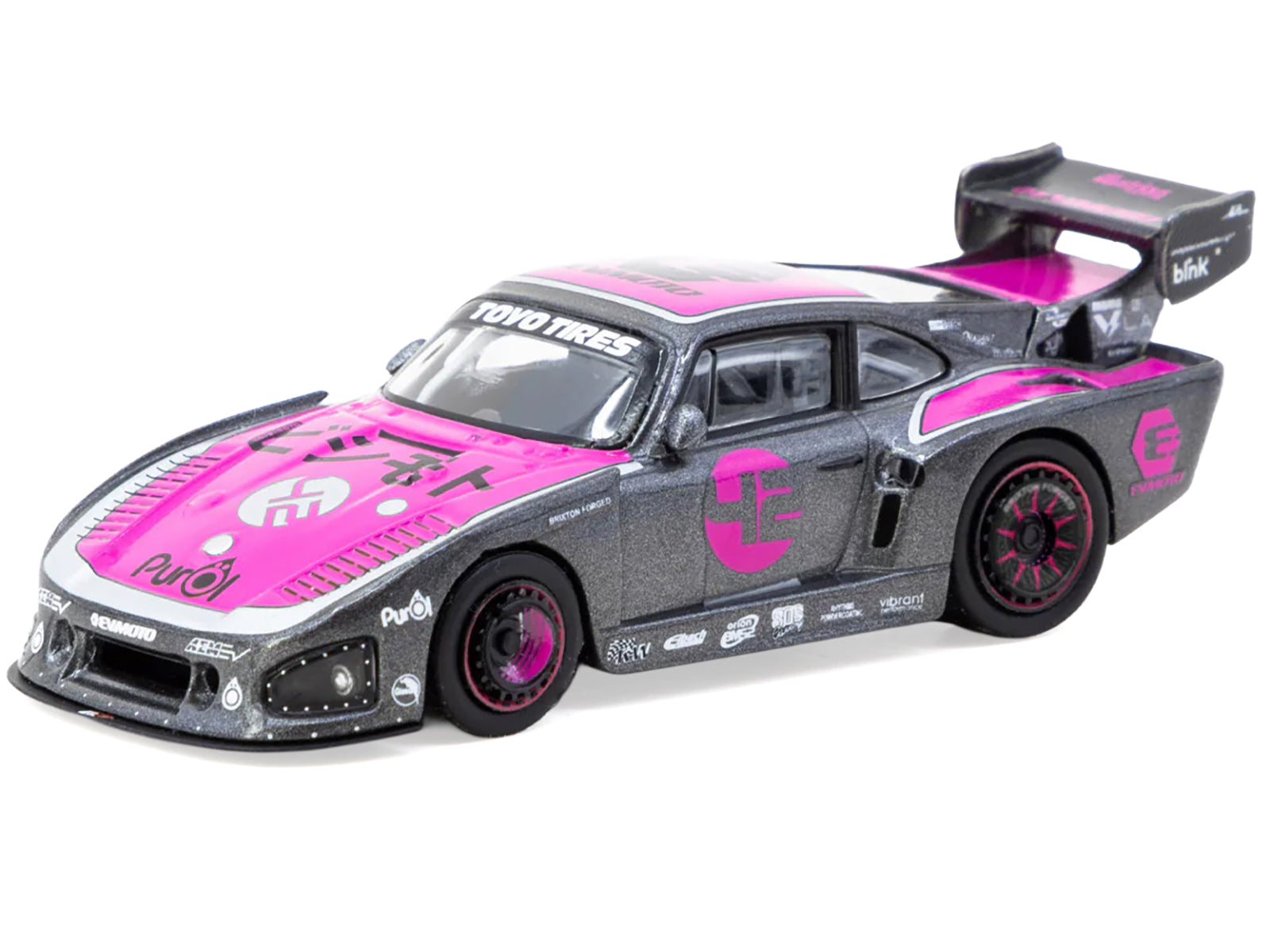 Porsche 935 K3V Bisimoto Gray Metallic with Pink Hood and Top with Tarmac Cards "Hobby64" Series 1/64 Diecast Model by Tarmac Works-DiecastModeler.com