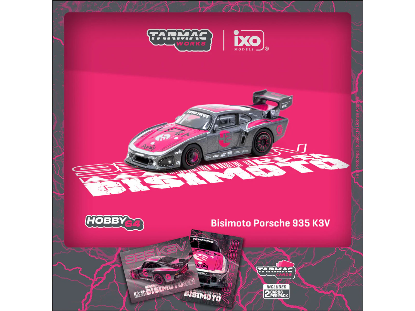 Porsche 935 K3V Bisimoto Gray Metallic with Pink Hood and Top with Tarmac Cards "Hobby64" Series 1/64 Diecast Model by Tarmac Works-DiecastModeler.com