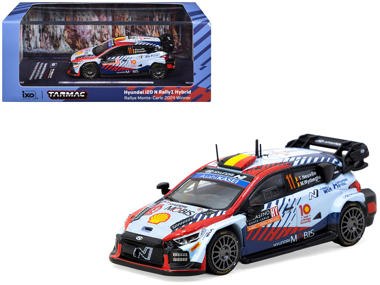 Hyundai i20 N Rally1 Hybrid #11 Thierry Neuville - Martijn Wydaeghe Winner "Rallye Monte-Carlo" (2024) "Hobby64" Series 1/64 Diecast Model by Tarmac Works-DiecastModeler.com