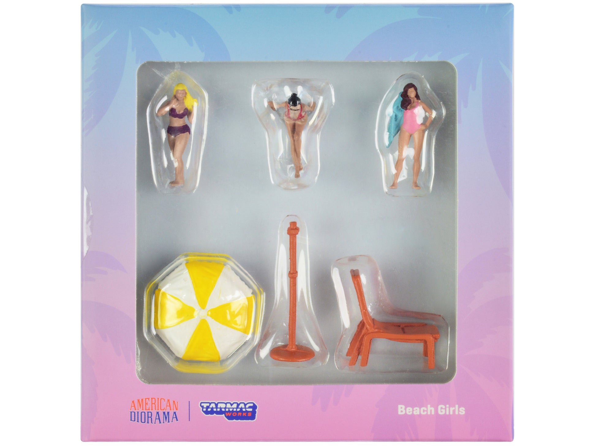 "Beach Girls" 5 piece Diecast Figure Set (3 Female Figures and 2 Beach Accessories) for 1/64 Scale Models by Tarmac Works & American Diorama-DiecastModeler.com