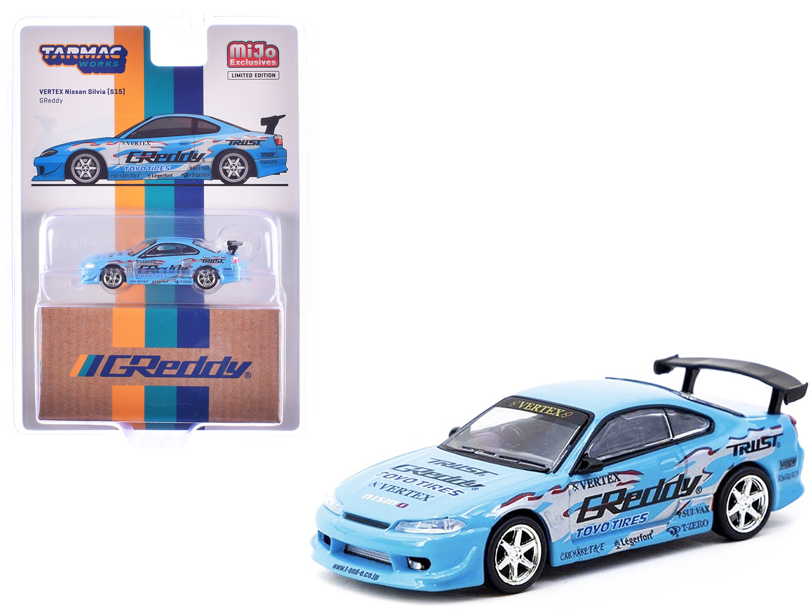 Nissan Silvia (S15) Vertex RHD (Right Hand Drive) "GReddy" Light Blue "Global64" Series 1/64 Diecast Model by Tarmac Works-DiecastModeler.com