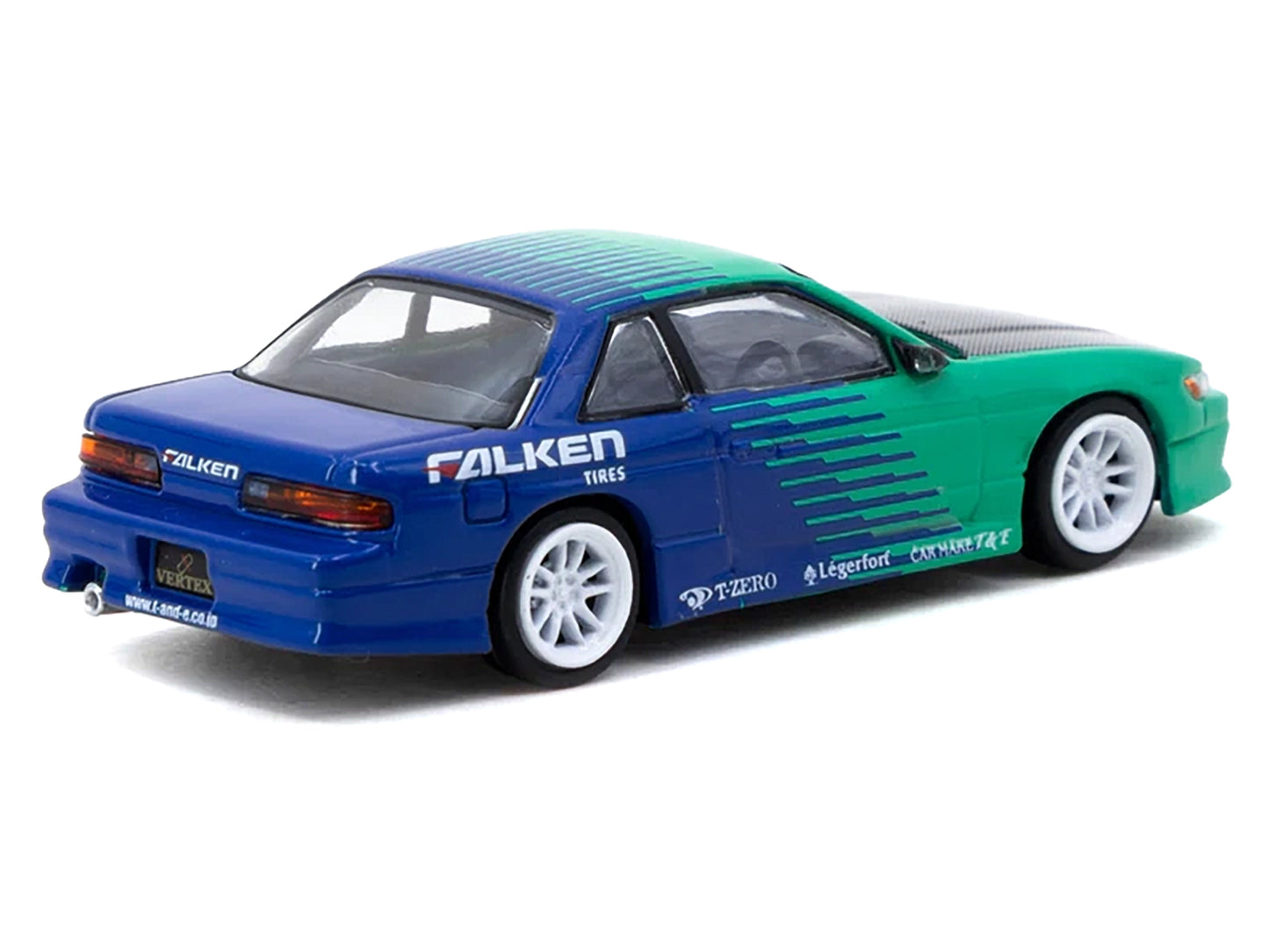 Nissan Silvia (S13) Vertex RHD (Right Hand Drive) "Falken Tires" Green and Blue wuth Carbon Hood "Global64" Series 1/64 Diecast Model by Tarmac Works-DiecastModeler.com