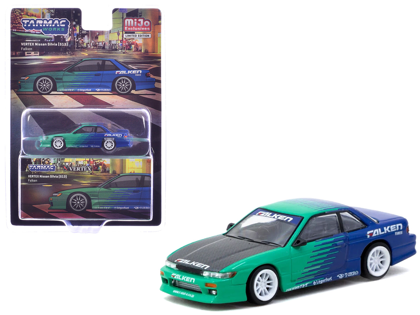 Nissan Silvia (S13) Vertex RHD (Right Hand Drive) "Falken Tires" Green and Blue wuth Carbon Hood "Global64" Series 1/64 Diecast Model by Tarmac Works-DiecastModeler.com