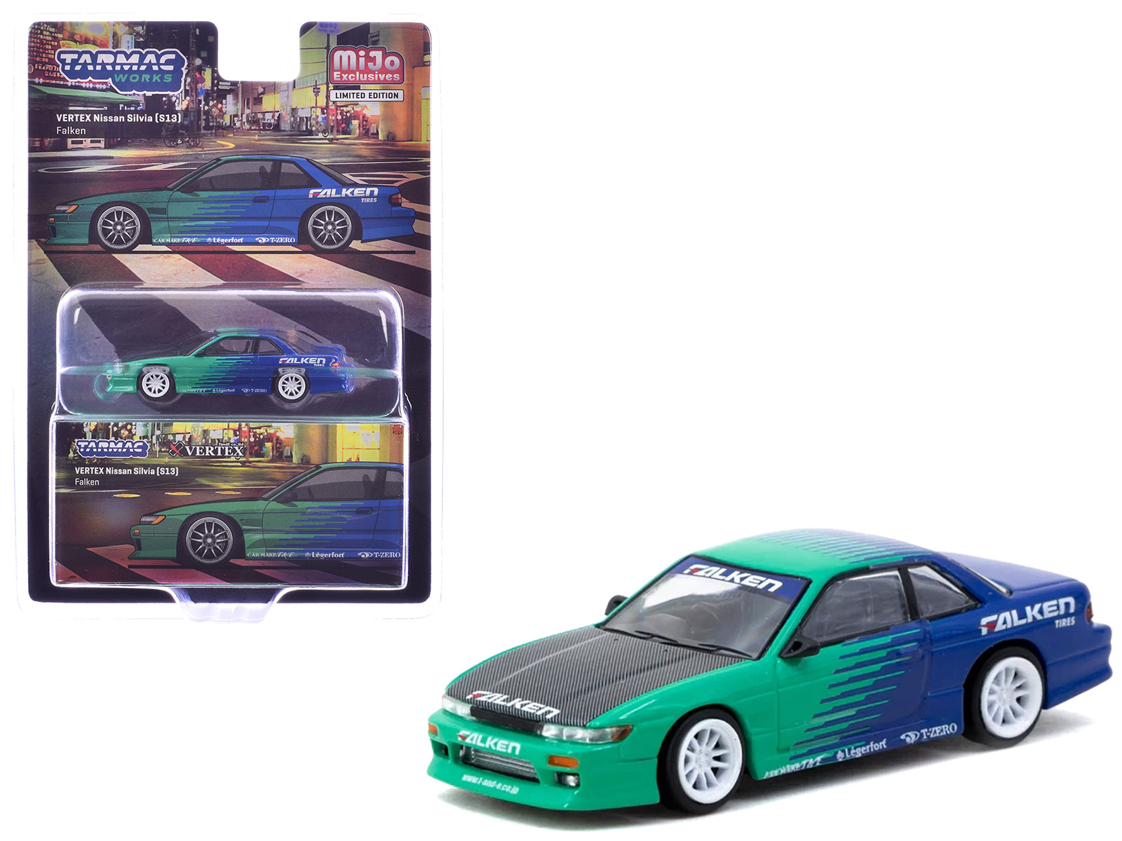 Nissan Silvia (S13) Vertex RHD (Right Hand Drive) "Falken Tires" Green and Blue wuth Carbon Hood "Global64" Series 1/64 Diecast Model by Tarmac Works-DiecastModeler.com