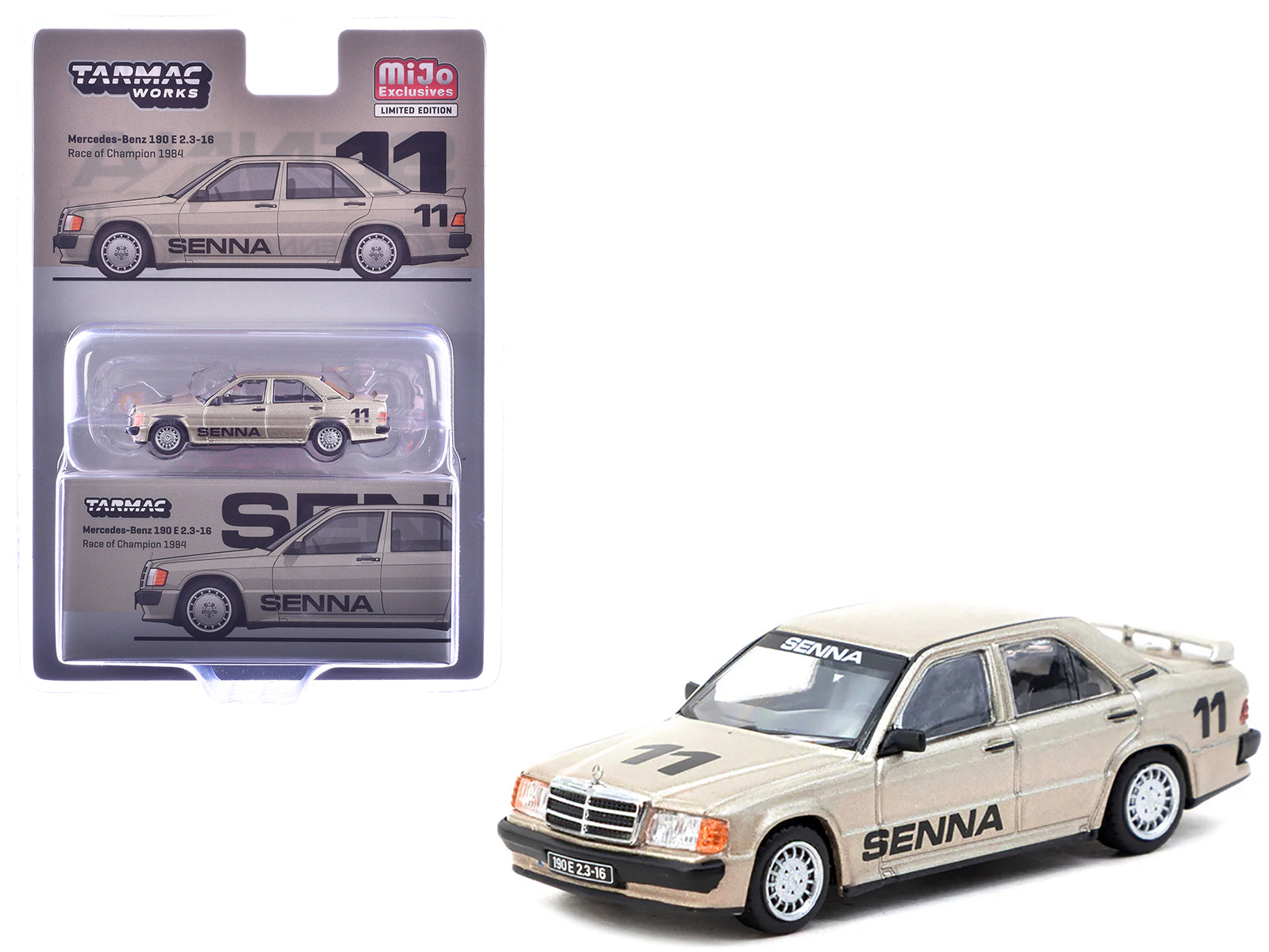 Mercedes-Benz 190 E 2.3-16 #11 Ayrton Senna Winner "Race of Champions" (1984) "Global64" Series 1/64 Diecast Model by Tarmac Works-DiecastModeler.com