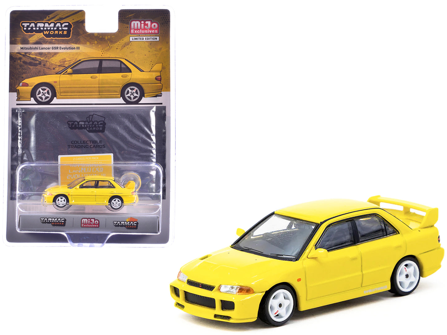 Mitsubishi Lancer GSR Evolution III RHD (Right Hand Drive) Yellow with Tarmac Cards "Global64" Series 1/64 Diecast Model by Tarmac Works