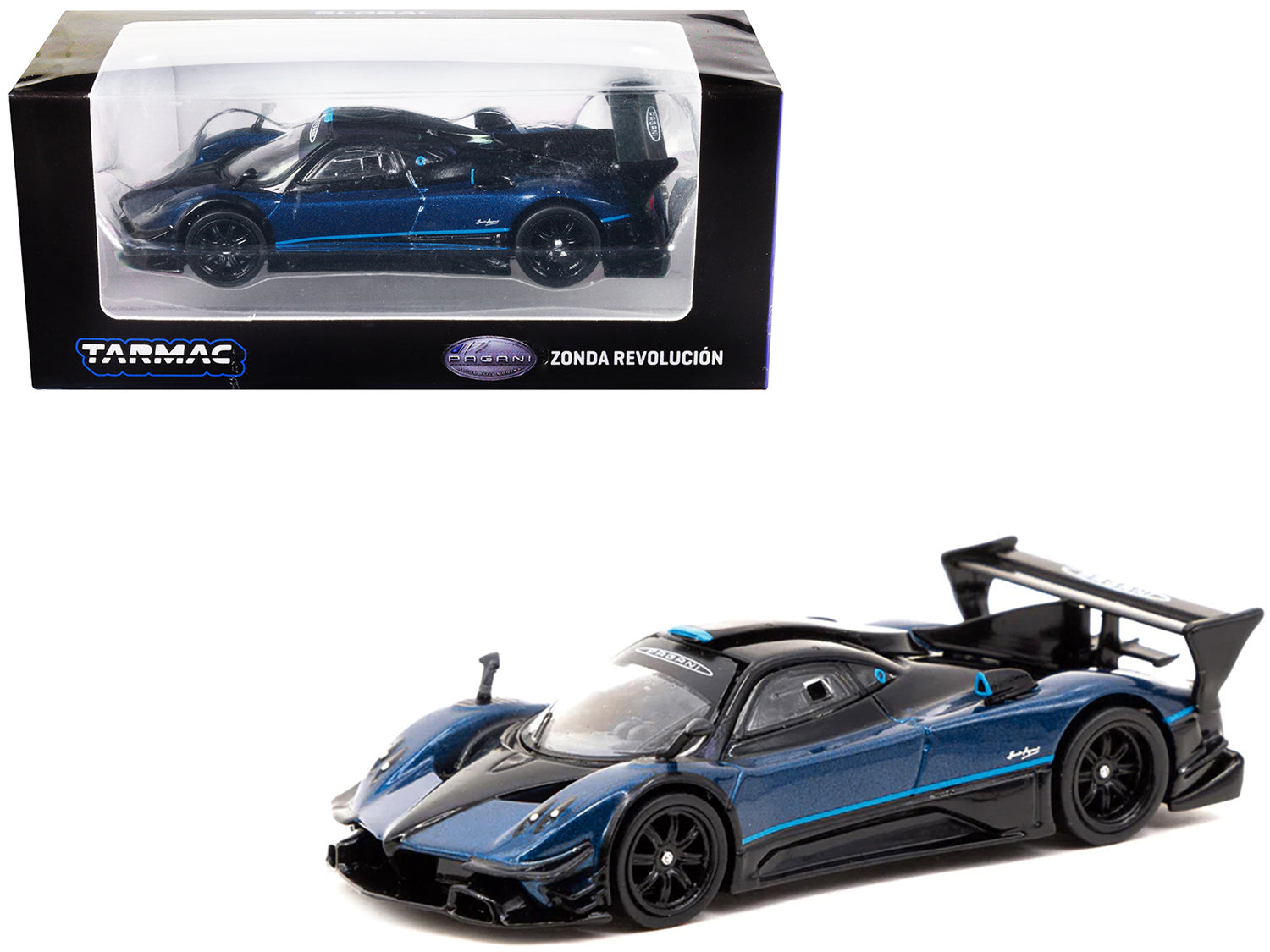 Pagani Zonda Revolucion Blue Metallic and Black with Light Blue Stripes "Global64" Series 1/64 Diecast Model Car by Tarmac Works-DiecastModeler.com