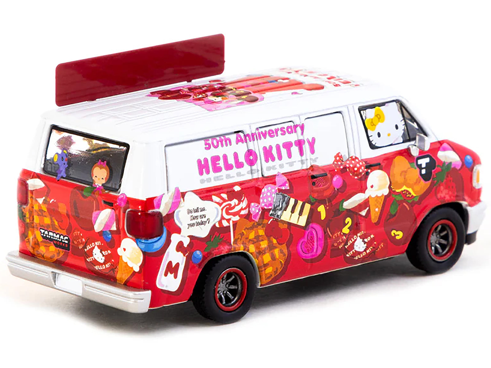 Dodge Van "Hello Kitty Food Truck" White and Red with Graphics "Global64" Series 1/64 Diecast Model by Tarmac Works-DiecastModeler.com