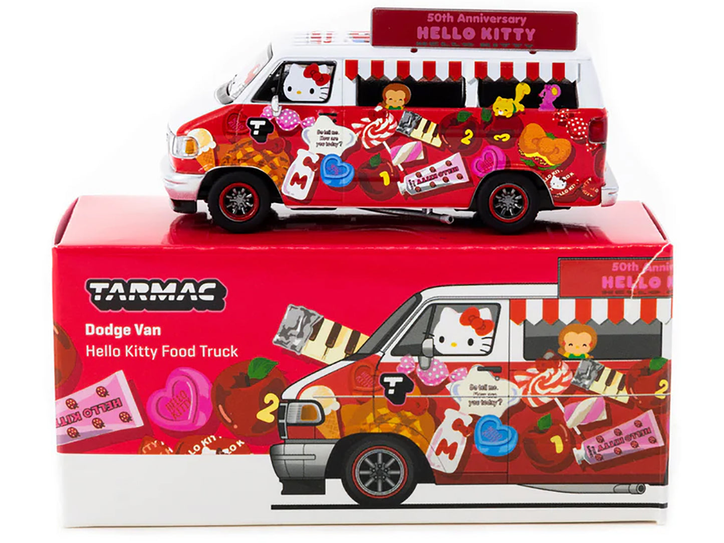 Dodge Van "Hello Kitty Food Truck" White and Red with Graphics "Global64" Series 1/64 Diecast Model by Tarmac Works-DiecastModeler.com