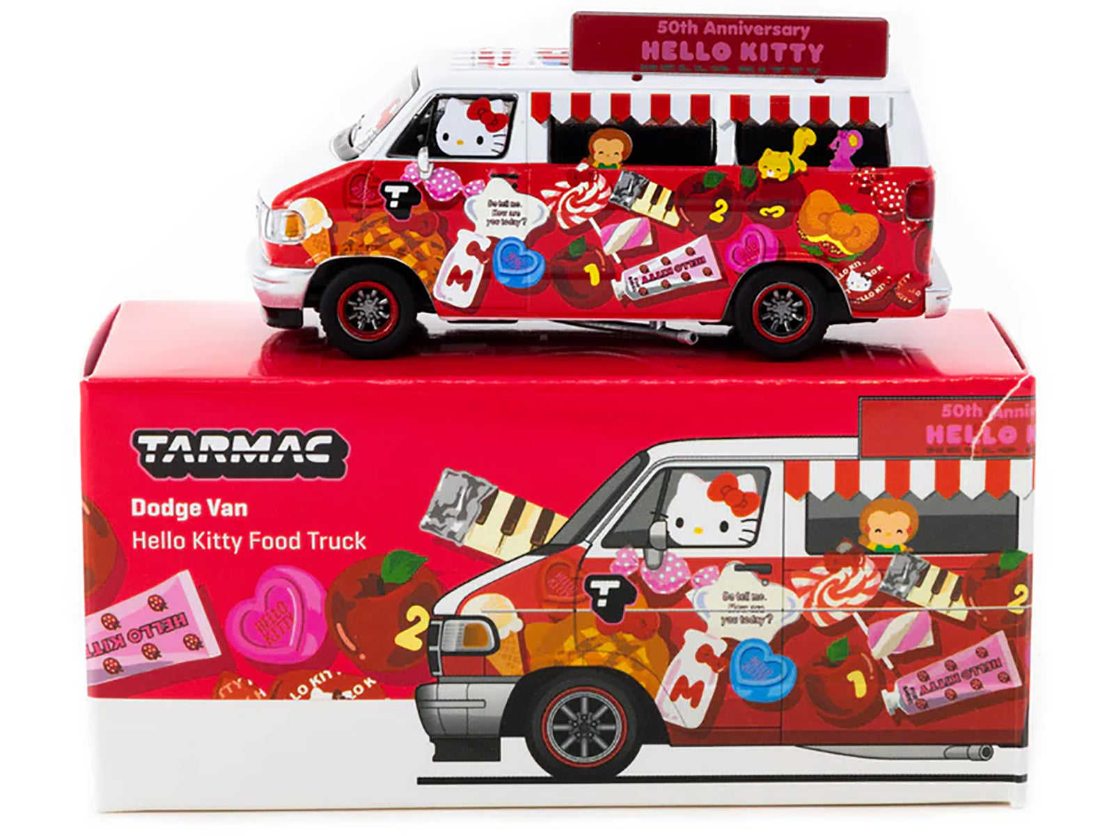 Dodge Van "Hello Kitty Food Truck" White and Red with Graphics "Global64" Series 1/64 Diecast Model by Tarmac Works-DiecastModeler.com