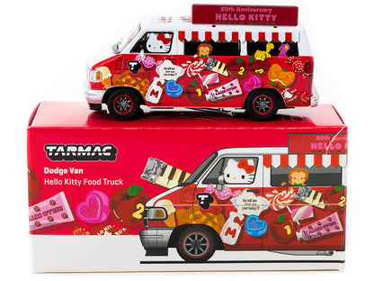 Dodge Van "Hello Kitty Food Truck" White and Red with Graphics "Global64" Series 1/64 Diecast Model by Tarmac Works-DiecastModeler.com