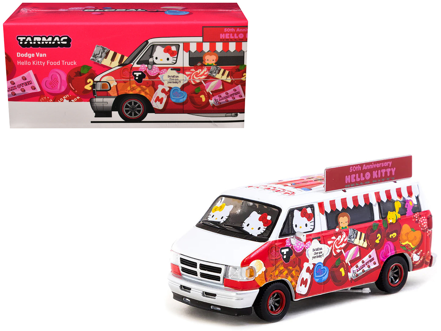 Dodge Van "Hello Kitty Food Truck" White and Red with Graphics "Global64" Series 1/64 Diecast Model by Tarmac Works-DiecastModeler.com