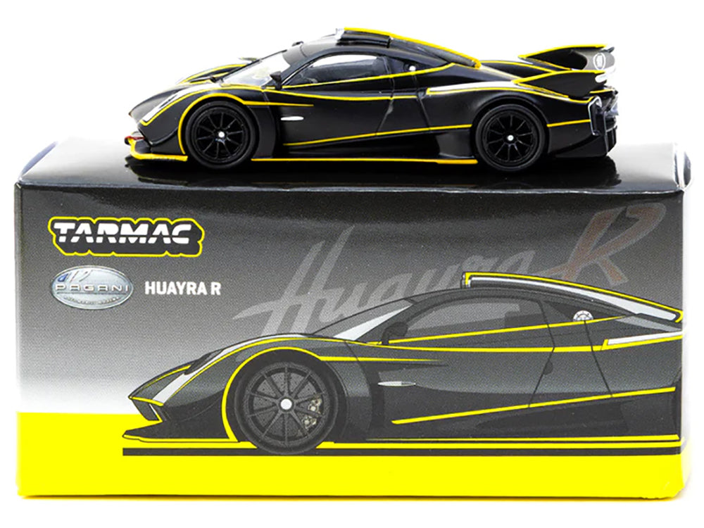 Pagani Huayra R Matt Black with Silver Accents and Yellow Stripes "Global64" Series 1/64 Diecast Model by Tarmac Works
