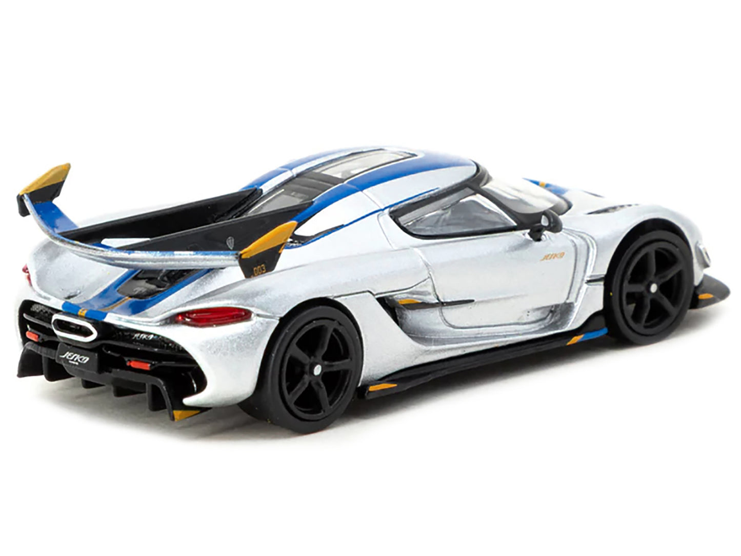 Koenigsegg Jesko Attack Silver Metallic with Blue Stripes "Global64" Series 1/64 Diecast Model by Tarmac Works