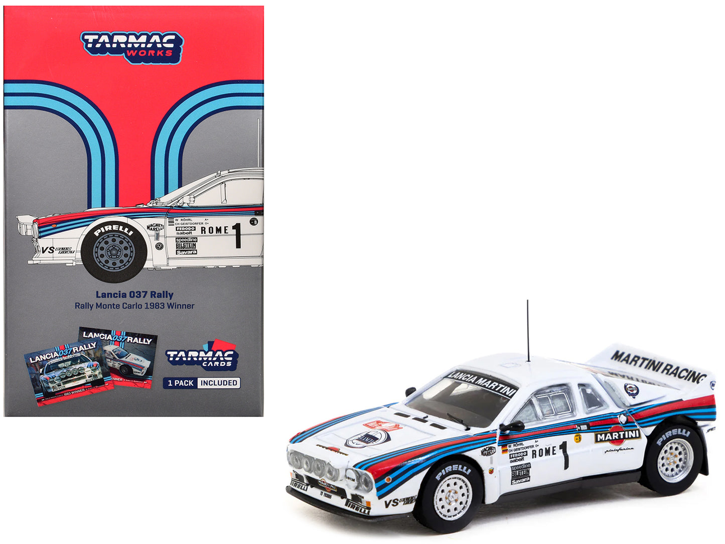 Lancia 037 Rally #1 Walter Rohrl - Christian Geistdorfer "Martini Racing" Winner "Rallye Monte-Carlo" (1983) "Hobby64+" Series 1/64 Diecast Model Car by Tarmac Works-DiecastModeler.com