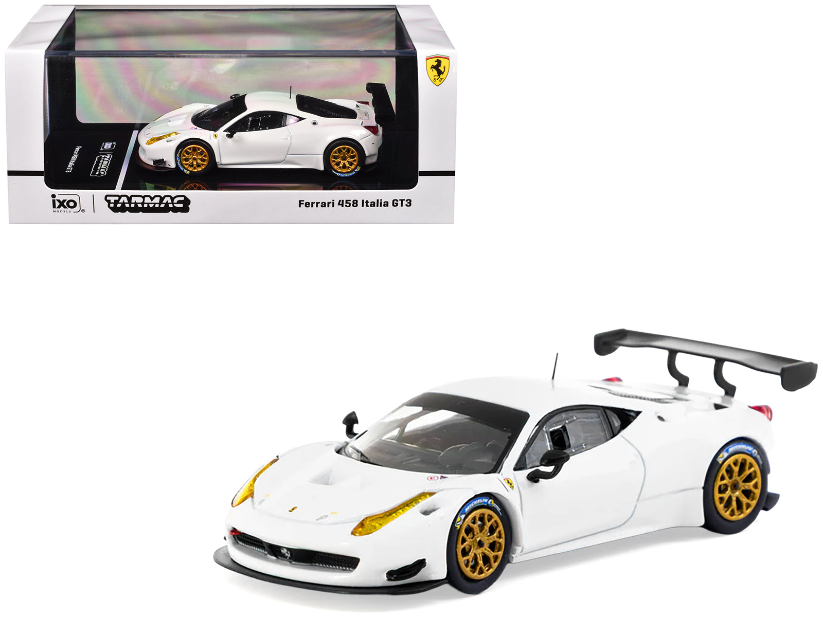 Ferrari 458 Italia GT3 White with Gold Wheels "Road64" Series 1/64 Diecast Model Car by Tarmac Works-DiecastModeler.com