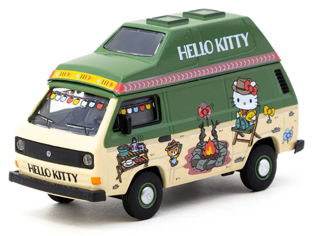 Volkswagen T3 Van "Hello Kitty Camping" Green and Beige with Graphics "Collab64" Series 1/64 Diecast Model Car by Schuco & Tarmac Works