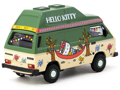 Volkswagen T3 Van "Hello Kitty Camping" Green and Beige with Graphics "Collab64" Series 1/64 Diecast Model Car by Schuco & Tarmac Works