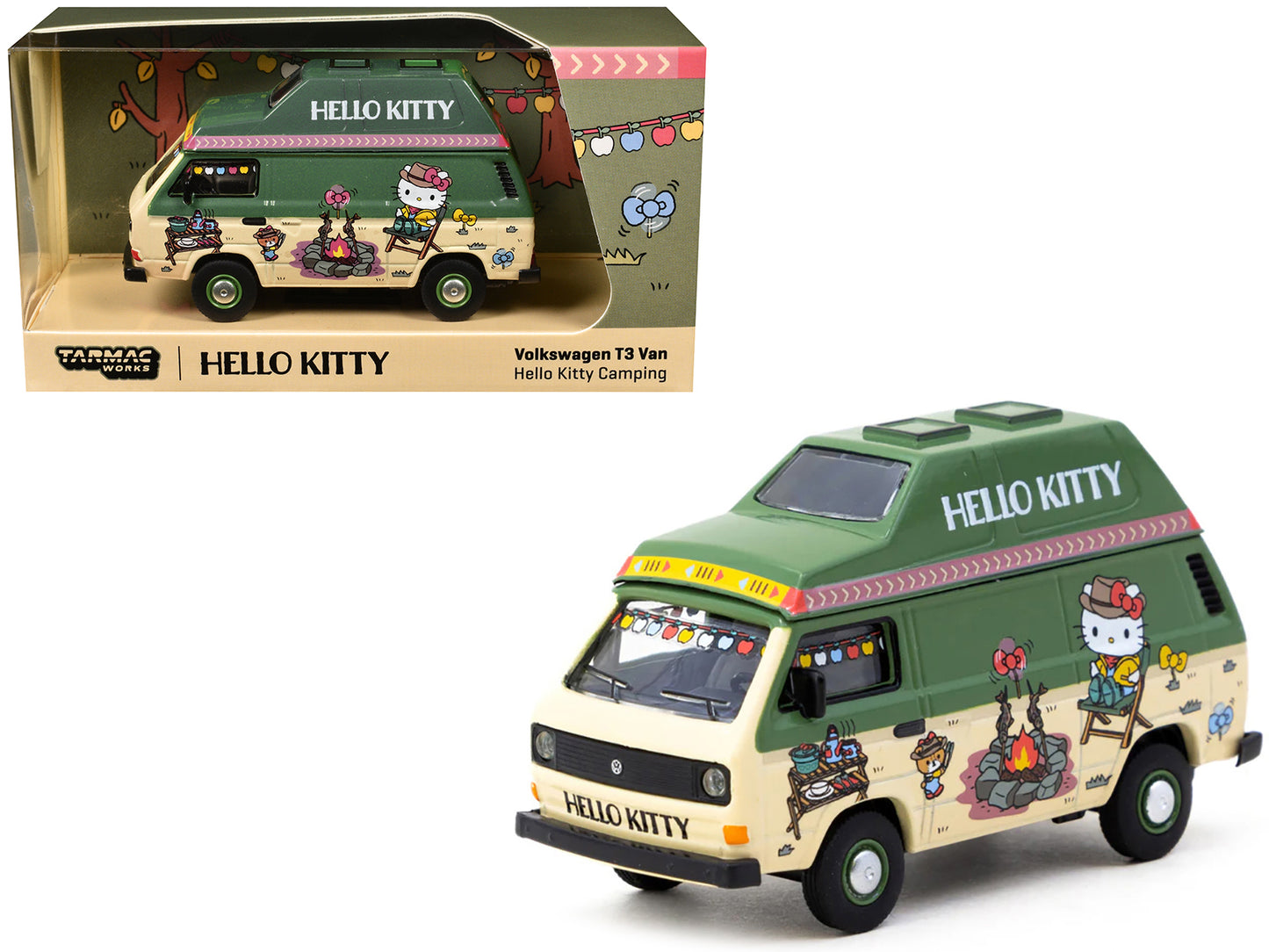 Volkswagen T3 Van "Hello Kitty Camping" Green and Beige with Graphics "Collab64" Series 1/64 Diecast Model Car by Schuco & Tarmac Works