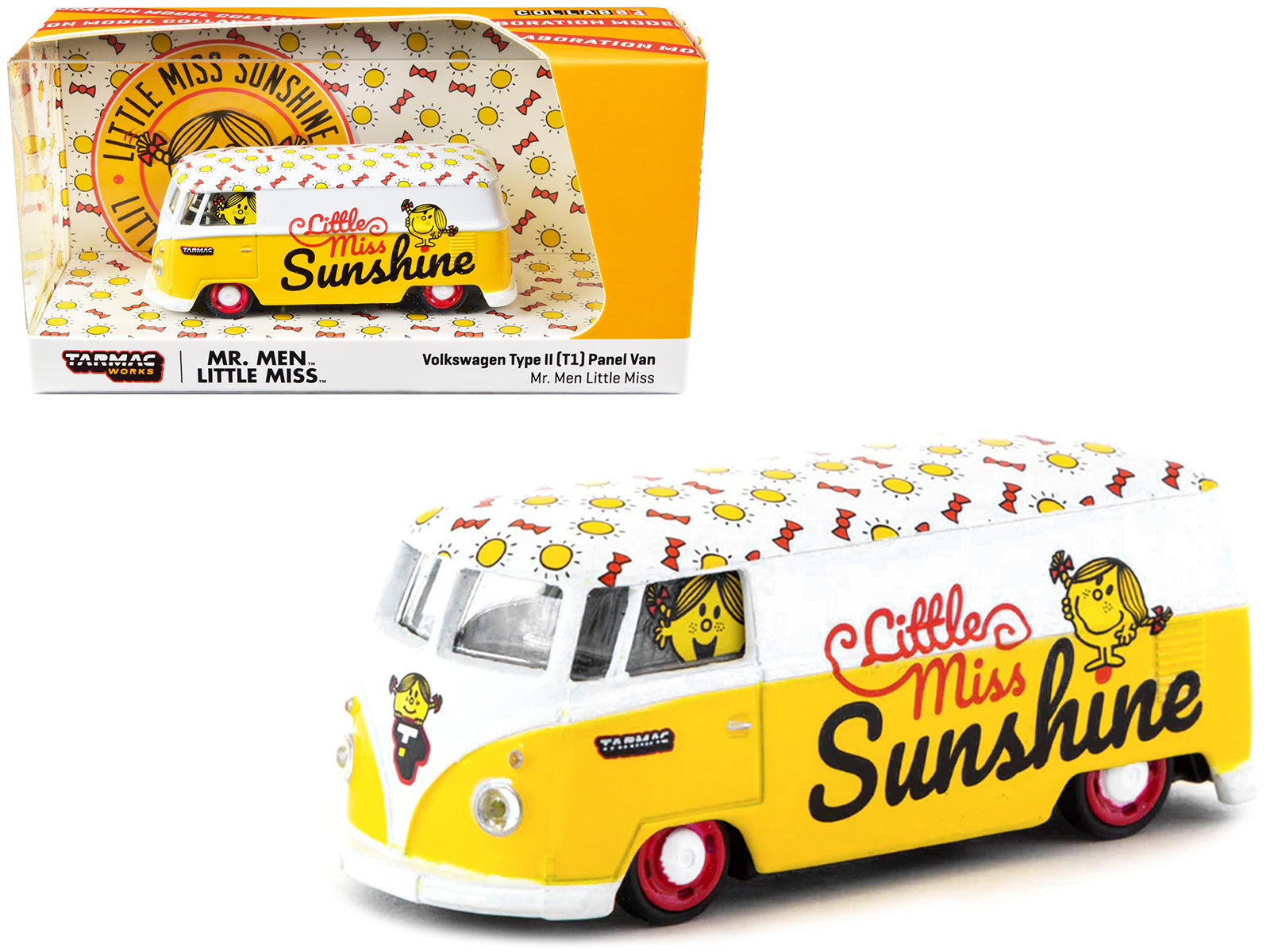 Volkswagen Type II (T1) Panel Van "Little Miss Sunshine" Yellow and White "Mr. Men & Little Miss" "Collab64" Series 1/64 Diecast Model Car by Schuco & Tarmac Works - DiecastModeler.com