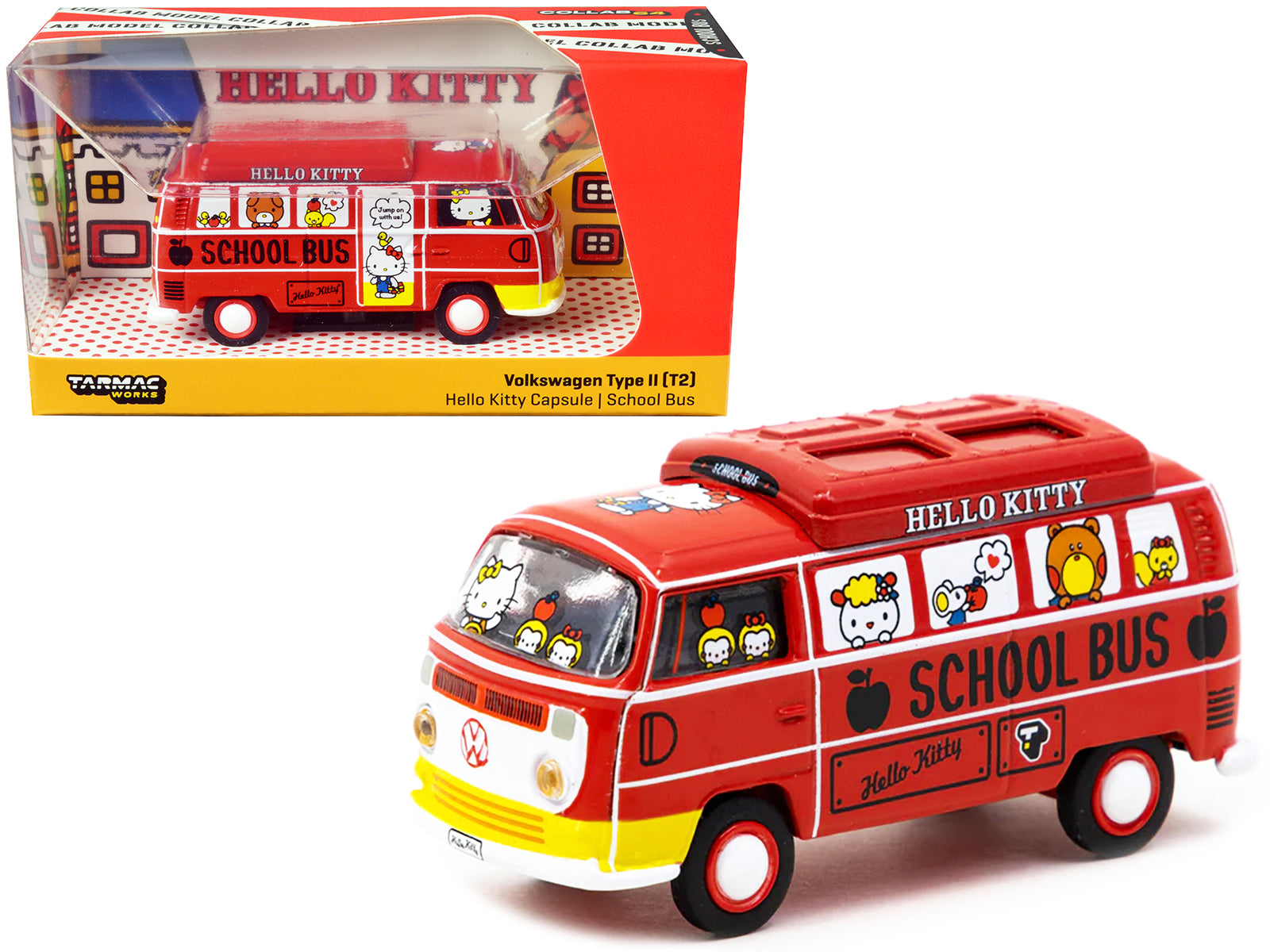 Volkswagen Type II (T2) Van Red "Hello Kitty Capsule School Bus" "Collab64" Series 1/64 Diecast Model Car by Schuco & Tarmac Works - DiecastModeler.com