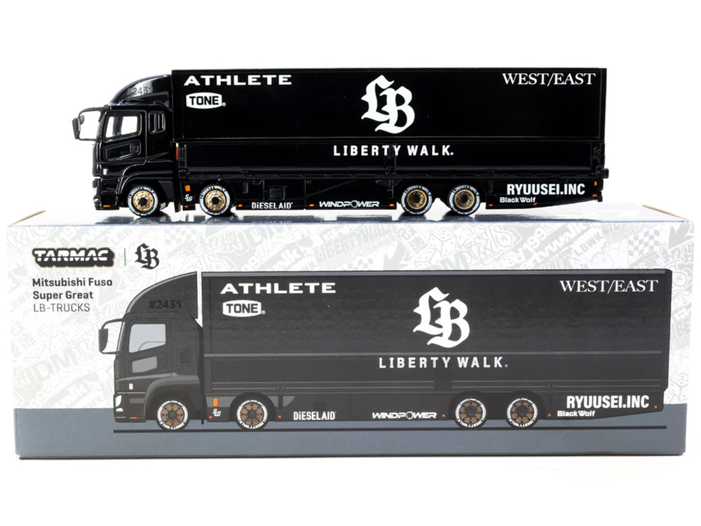 Mitsubishi Fuso Super Great Truck RHD (Right Hand Drive) with Transporter "Liberty Walk" Black "Truck64" Series 1/64 Diecast Model Car by Tarmac Works
