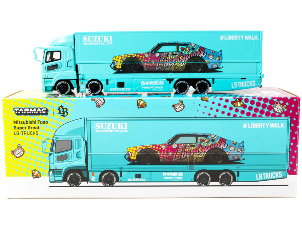 Mitsubishi Fuso Truck with Transporter "Liberty Walk - Suzuki Transport" Light Blue with Graphics "Truck64" Series 1/64 Diecast Model Car by Tarmac Works-DiecastModeler.com