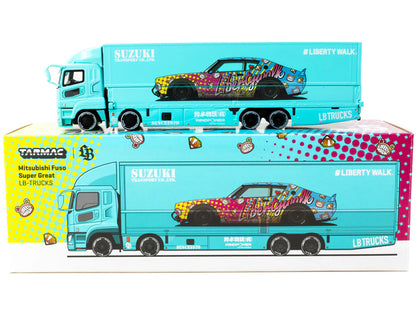 Mitsubishi Fuso Truck with Transporter "Liberty Walk - Suzuki Transport" Light Blue with Graphics "Truck64" Series 1/64 Diecast Model Car by Tarmac Works-DiecastModeler.com