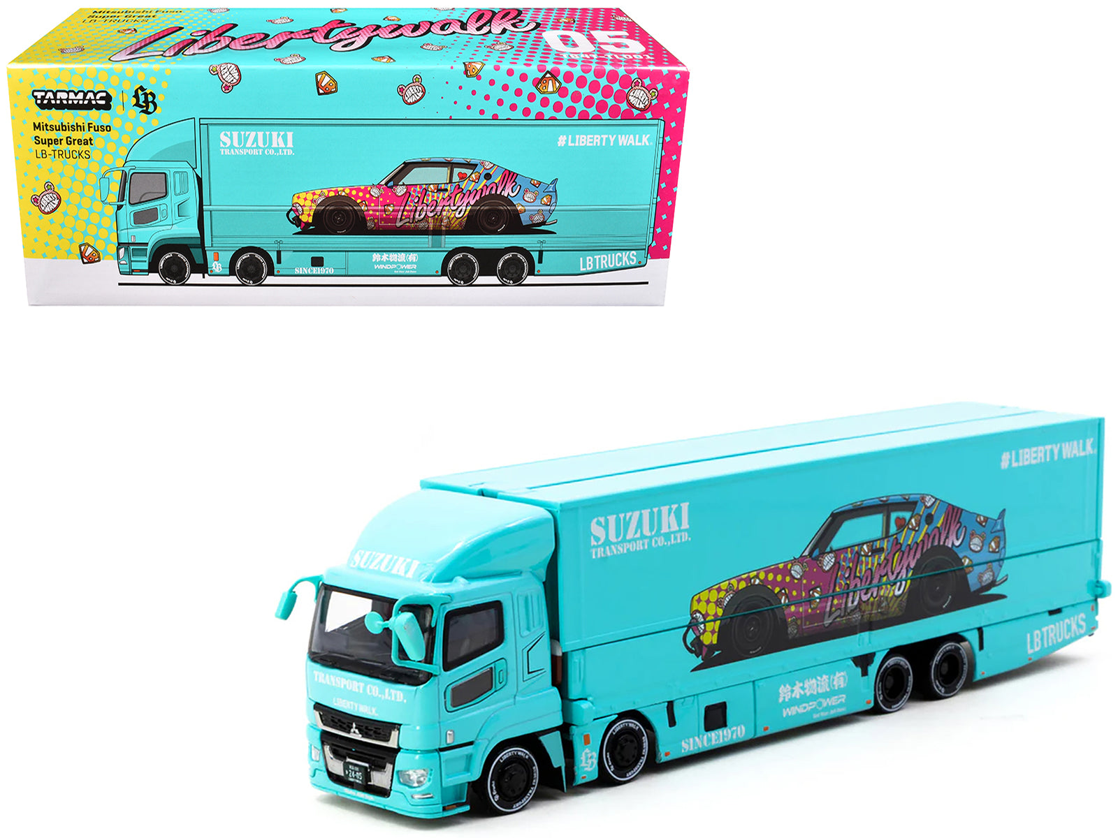 Mitsubishi Fuso Truck with Transporter "Liberty Walk - Suzuki Transport" Light Blue with Graphics "Truck64" Series 1/64 Diecast Model Car by Tarmac Works-DiecastModeler.com