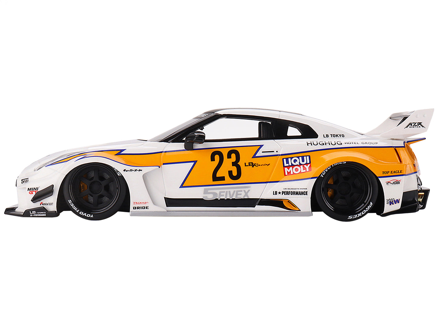 Nissan LB-Silhouette WORKS GT 35GT-RR Ver.1 RHD (Right Hand Drive) #23 White with Yellow Stripes "LB Racing" 1/18 Model Car by Top Speed-DiecastModeler.com