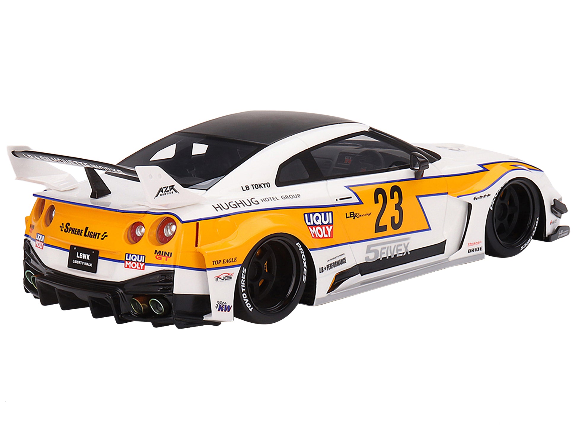 Nissan LB-Silhouette WORKS GT 35GT-RR Ver.1 RHD (Right Hand Drive) #23 White with Yellow Stripes "LB Racing" 1/18 Model Car by Top Speed-DiecastModeler.com
