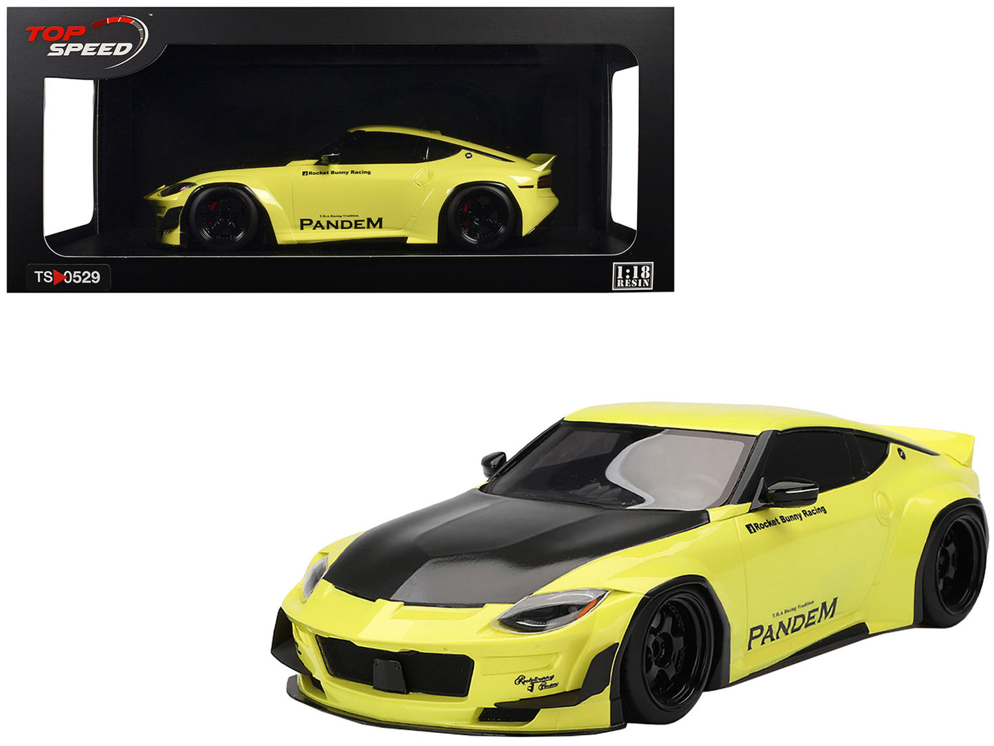 Nissan Z (RZ34) "Pandem" Ikazuchi Yellow with Matt Black Hood 1/18 Model Car by Top Speed-DiecastModeler.com
