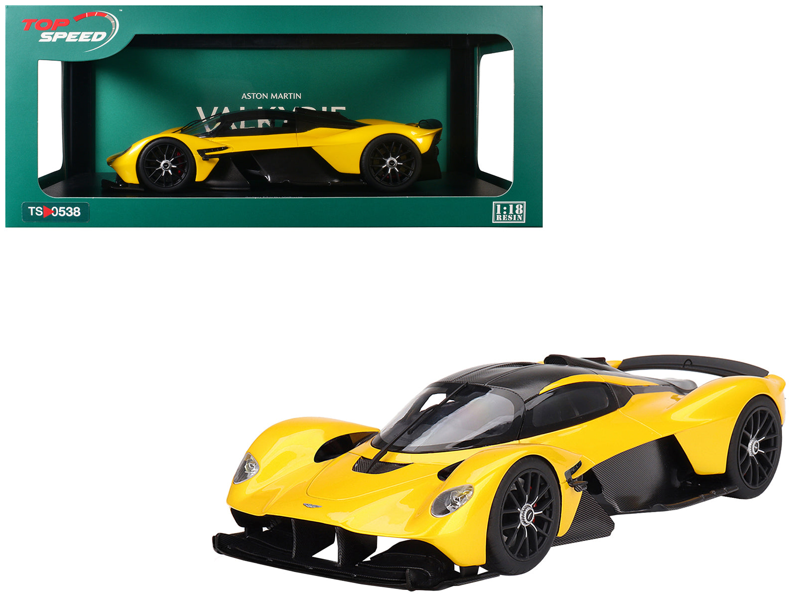 Aston Martin Valkyrie Cosmopolitan Yellow Metallic and Carbon 1/18 Model Car by Top Speed-DiecastModeler.com