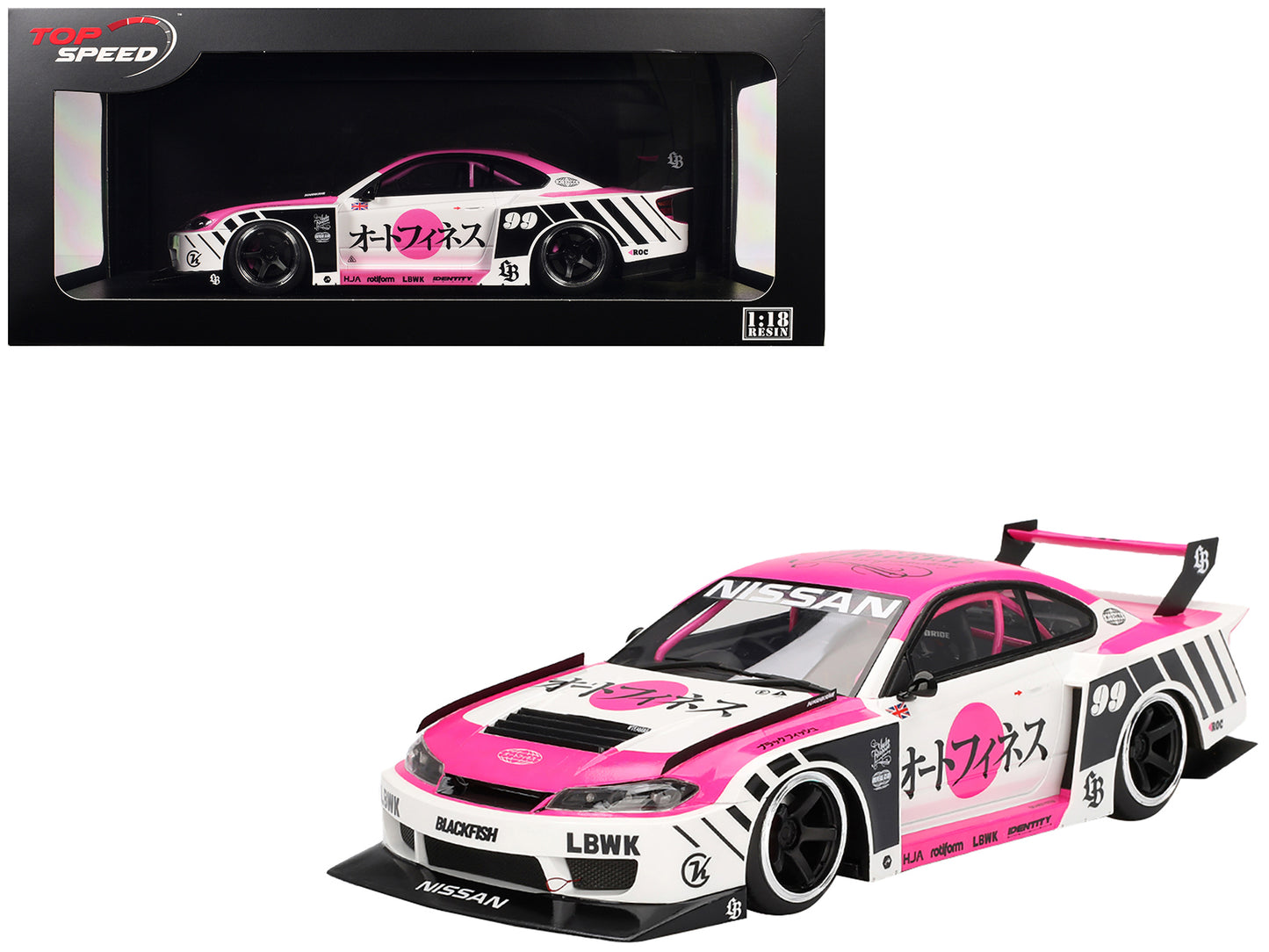 Nissan "LB-Super Silhouette" S15 SILVIA RHD (Right Hand Drive) #99 "Auto Finesse - SEMA 2023" White and Pink 1/18 Model Car by Top Speed-DiecastModeler.com