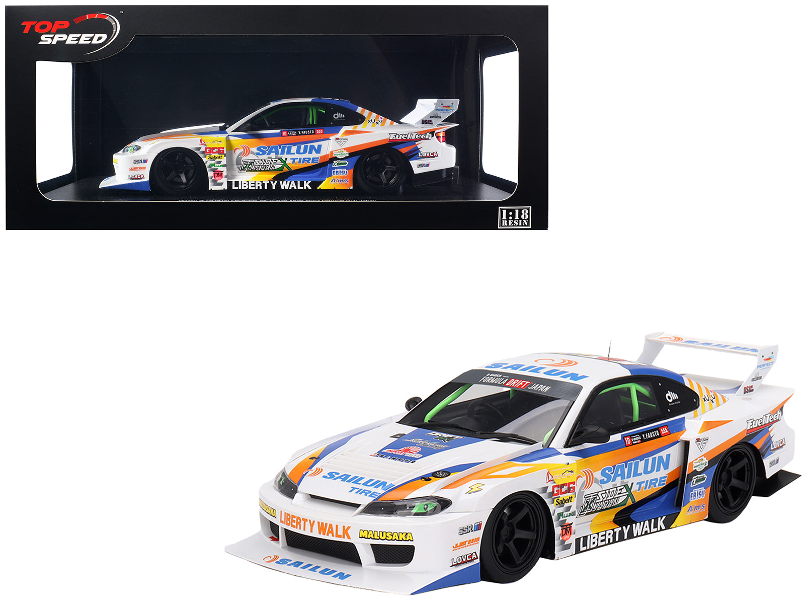 Nissan LB-Super Silhouette S15 SILVIA #555 Yukio Fausto "Formula Drift Japan" (2023) 1/18 Model Car by Top Speed-DiecastModeler.com