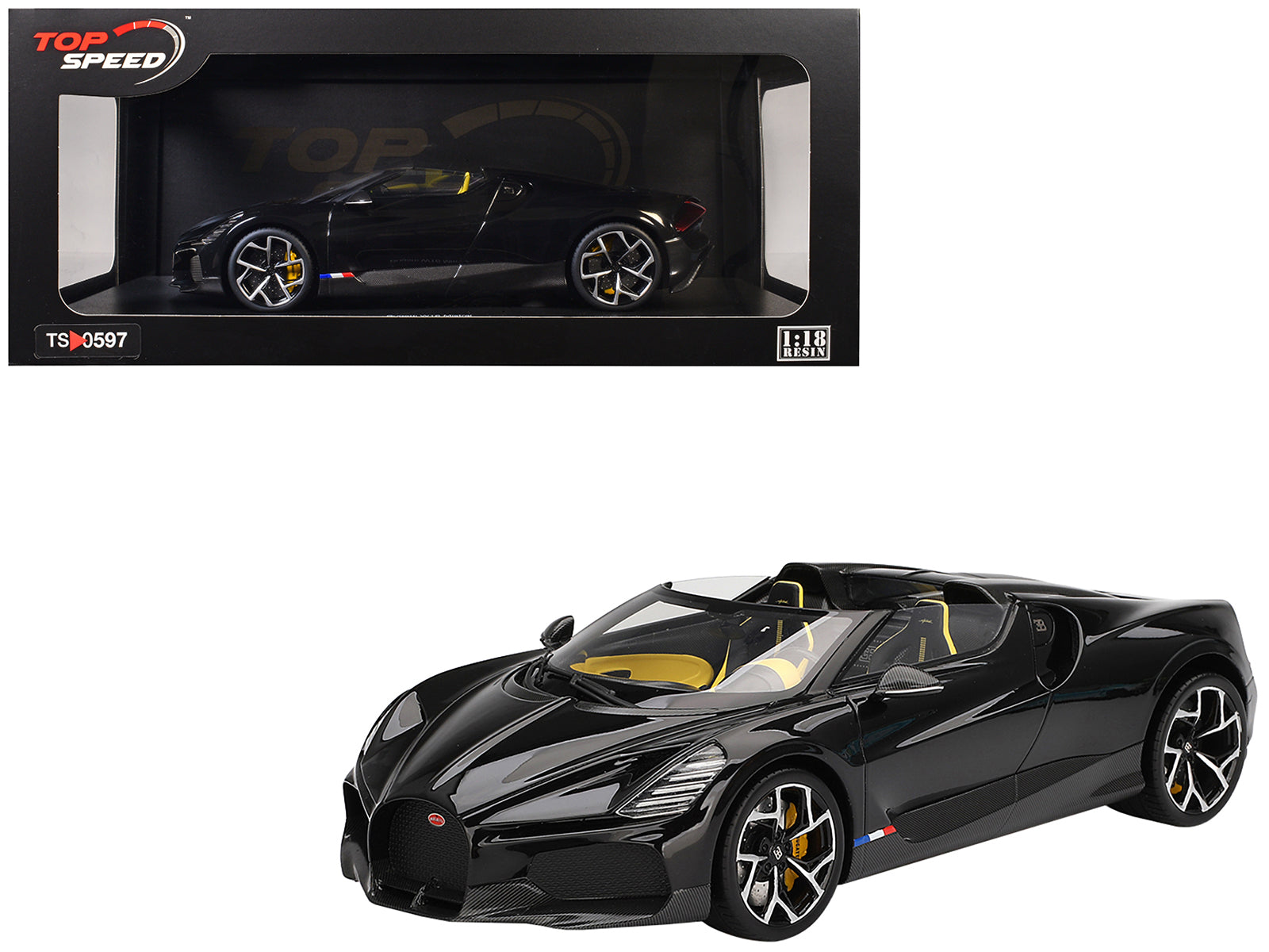 Bugatti W16 Mistral Black with Yellow Interior 1/18 Model Car by Top Speed-DiecastModeler.com