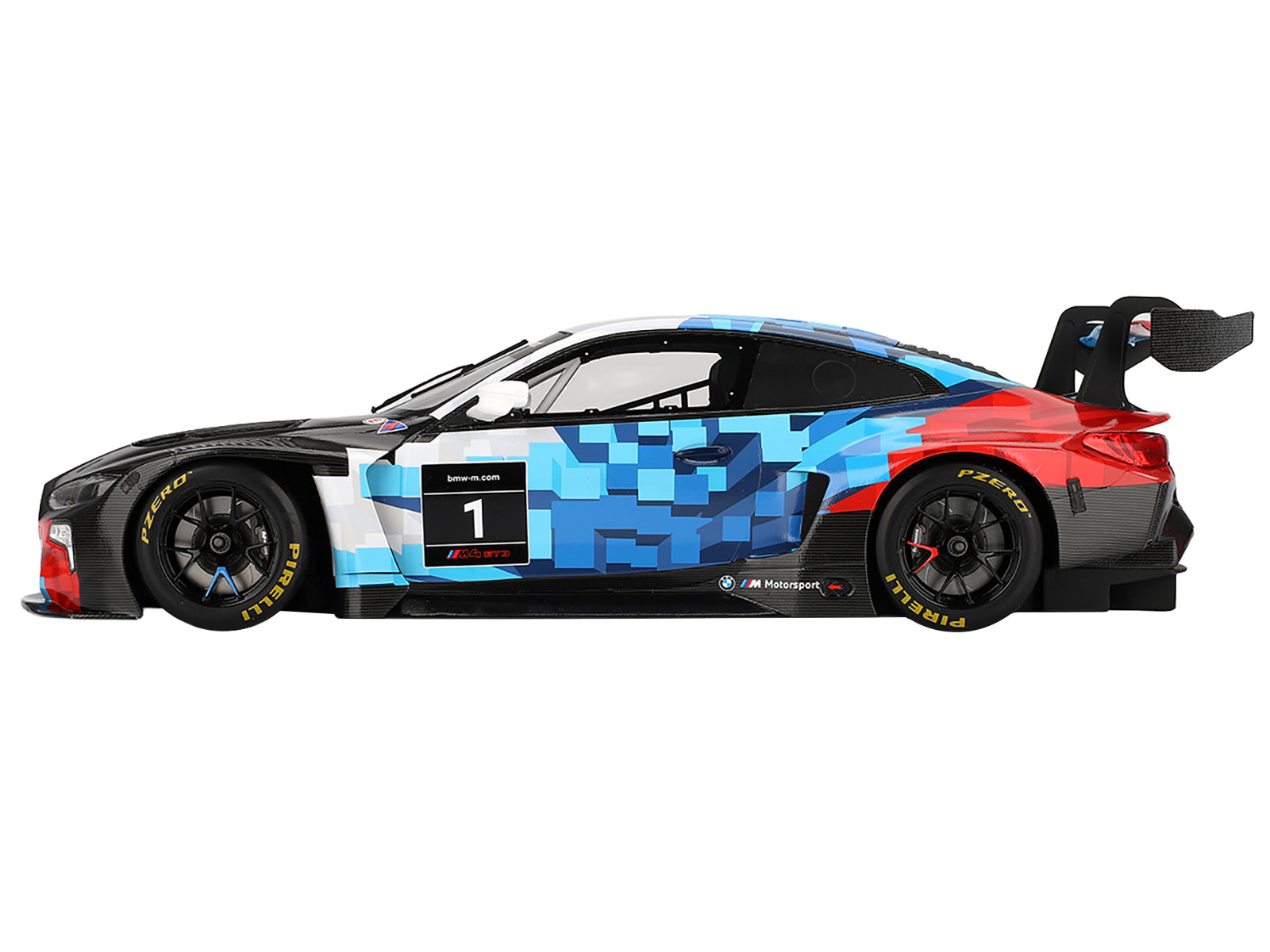 BMW M4 GT3 EVO Presentation #1 White with Carbon Blue and Red Graphics 1/18 Model Car by Top Speed-DiecastModeler.com