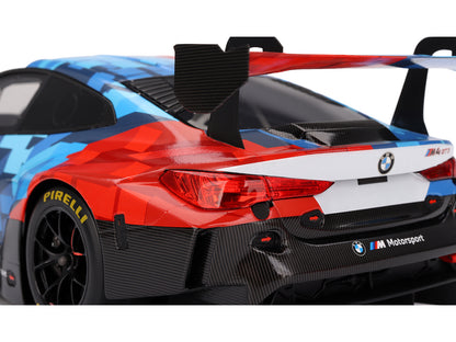 BMW M4 GT3 EVO Presentation #1 White with Carbon Blue and Red Graphics 1/18 Model Car by Top Speed-DiecastModeler.com