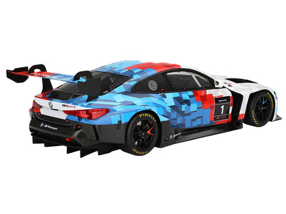 BMW M4 GT3 EVO Presentation #1 White with Carbon Blue and Red Graphics 1/18 Model Car by Top Speed-DiecastModeler.com