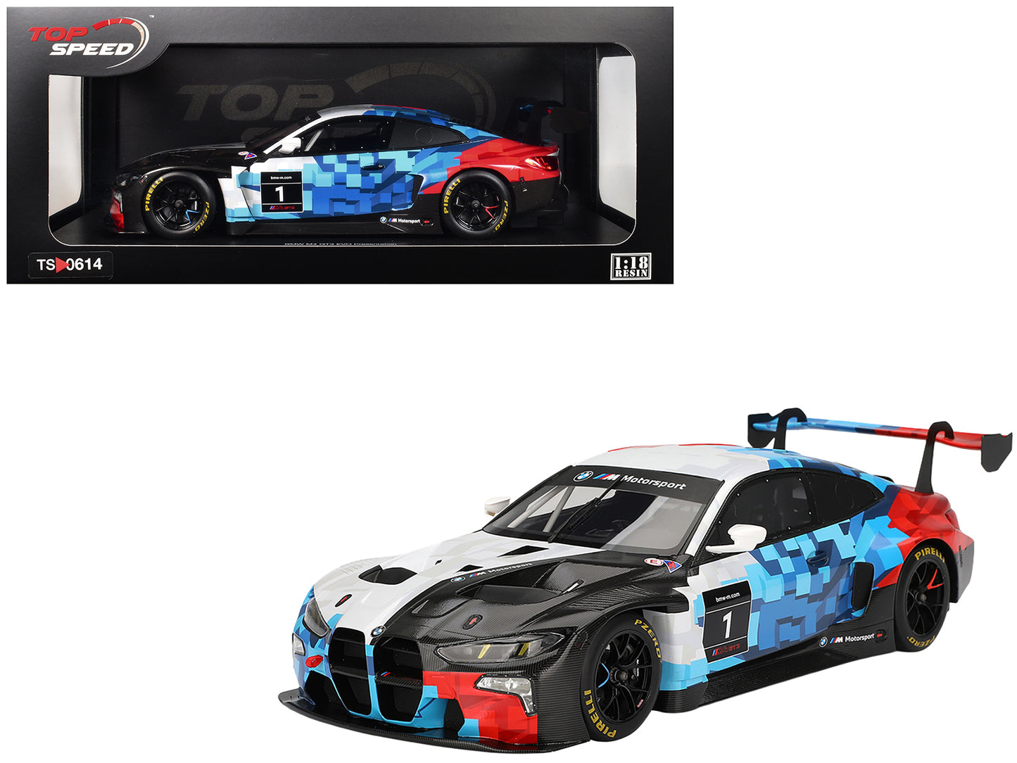 BMW M4 GT3 EVO Presentation #1 White with Carbon Blue and Red Graphics 1/18 Model Car by Top Speed-DiecastModeler.com