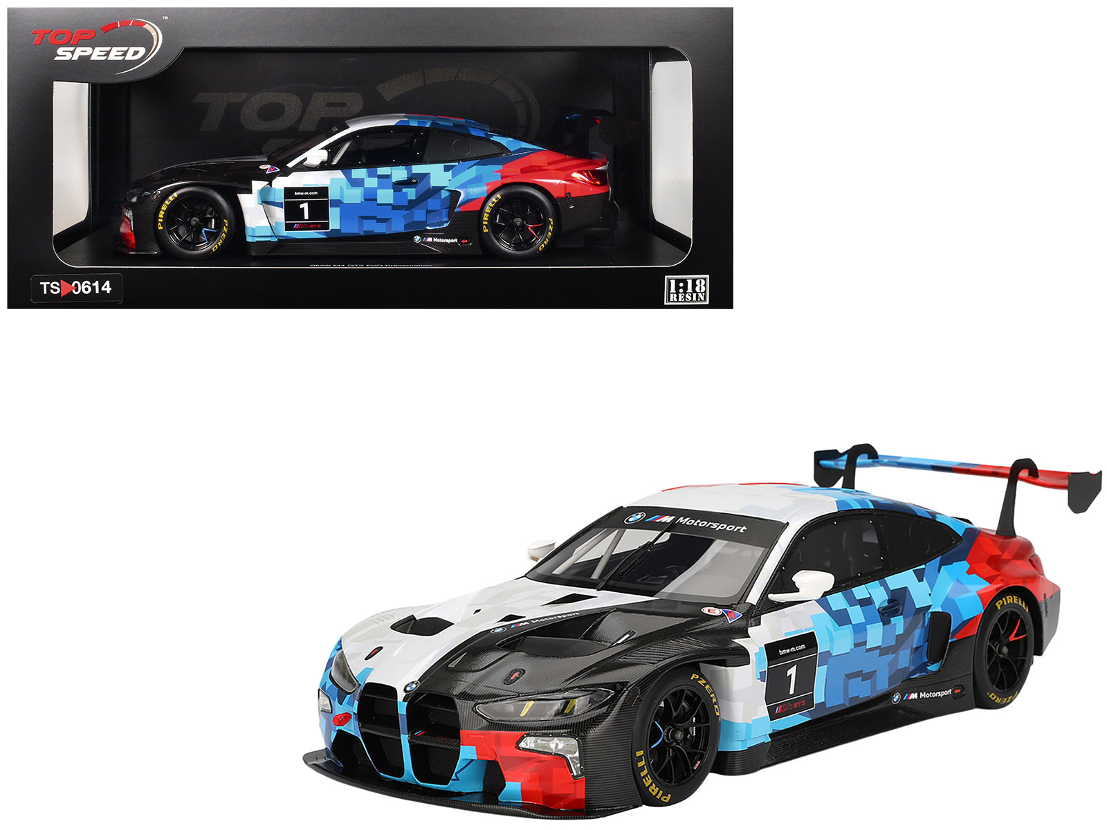 BMW M4 GT3 EVO Presentation #1 White with Carbon Blue and Red Graphics 1/18 Model Car by Top Speed-DiecastModeler.com