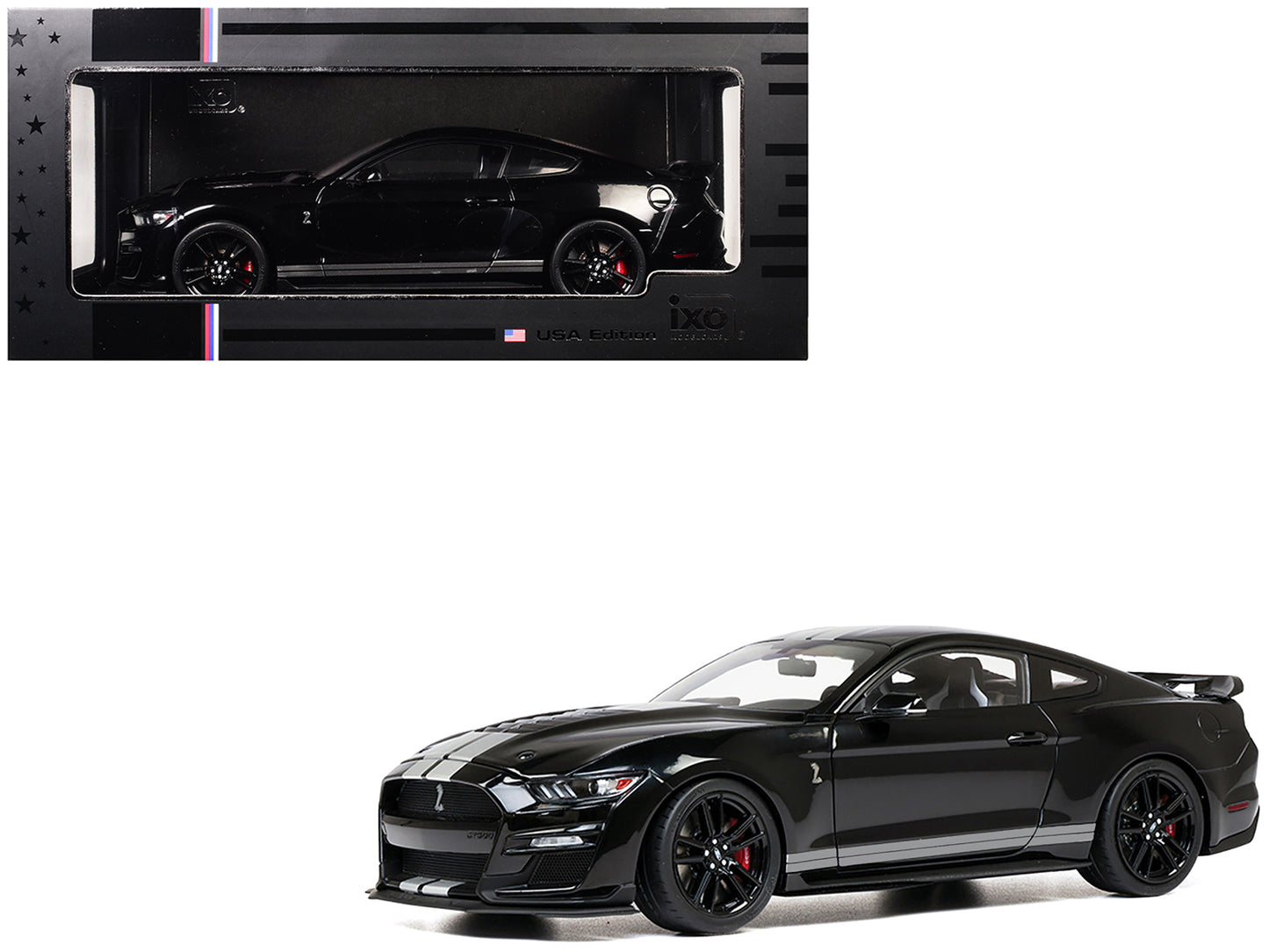 2022 Ford Mustang Shelby GT500 Black with Silver Stripes 1/18 Diecast Model Car by IXO Models-DiecastModeler.com