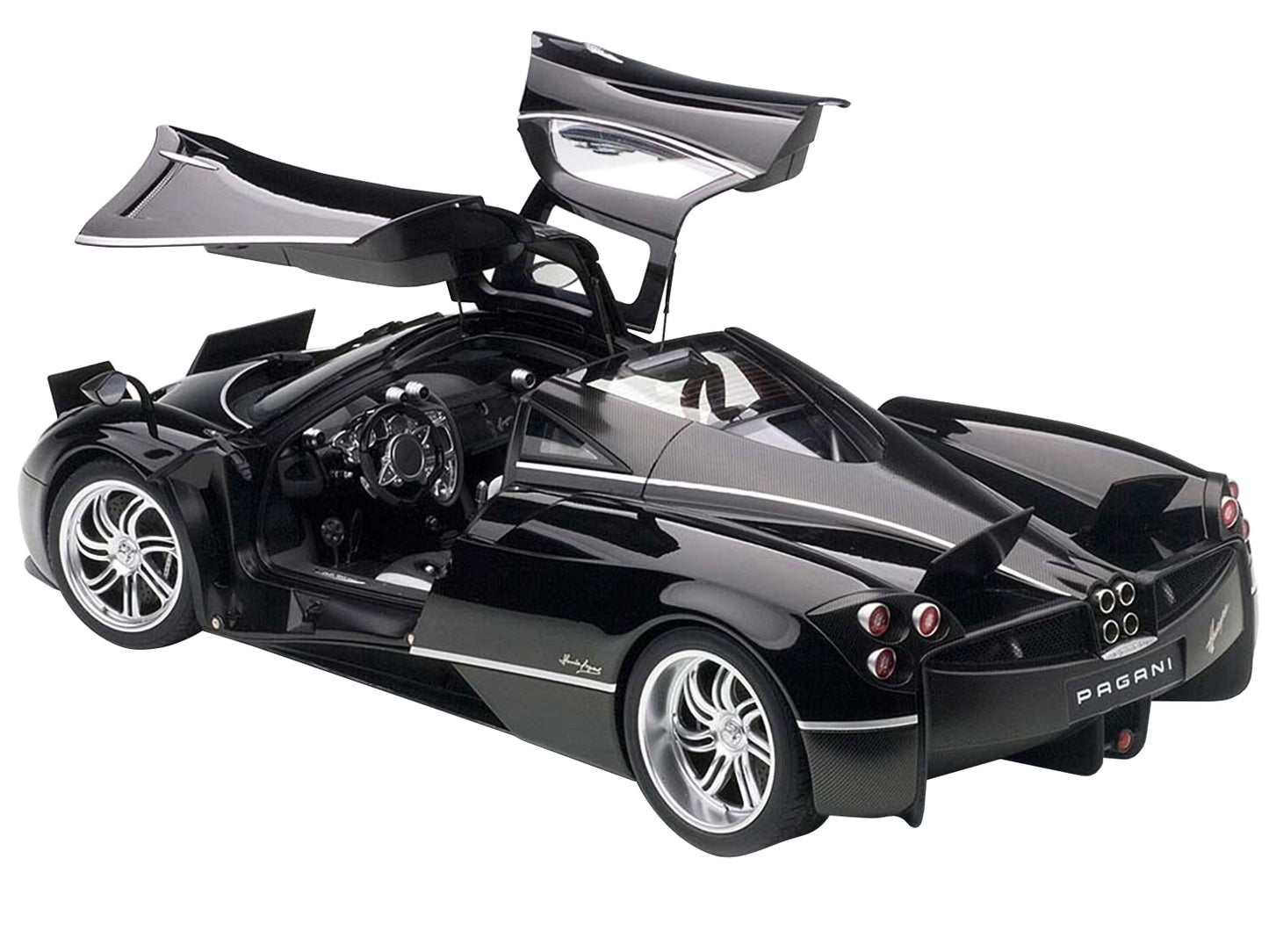 Pagani Huayra Gloss Black with Silver Stripes and Silver Wheels 1/12 Model Car by Autoart-DiecastModeler.com