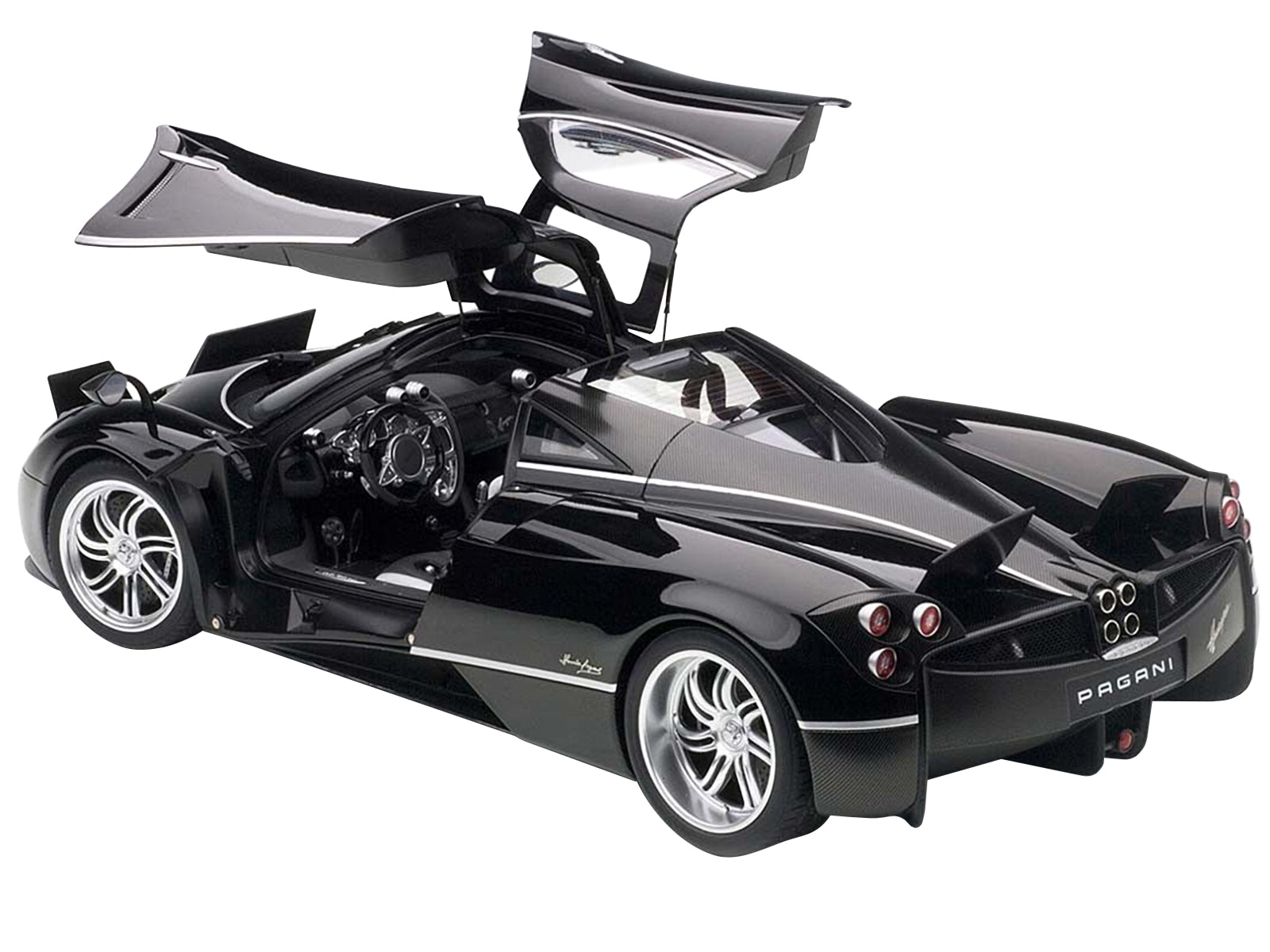 Pagani Huayra Gloss Black with Silver Stripes and Silver Wheels 1/12 Model Car by Autoart-DiecastModeler.com